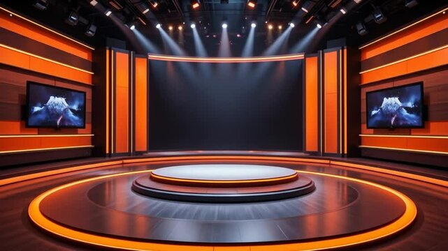 Modern TV show stage with bright orange lighting. Suitable for various events, virtual studio background, news programs, interviews, product presentations. 4k video