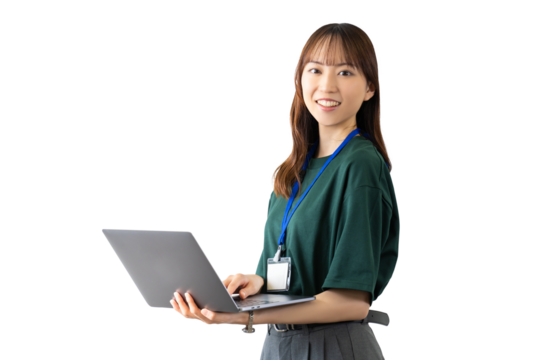 パソコンを持つ女性・ビジネスウーマン（背景透過PNG）