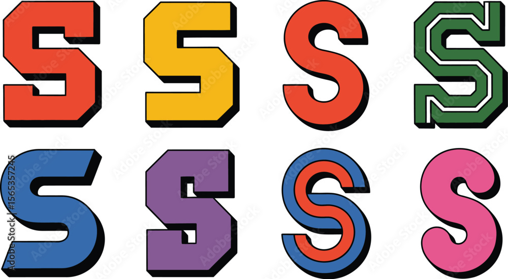 Poster eight colorful letter s variations arranged on a light background with different styles and colors