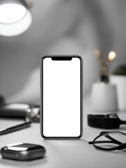 Smartphone with blank white screen on desk with glasses and other objects.