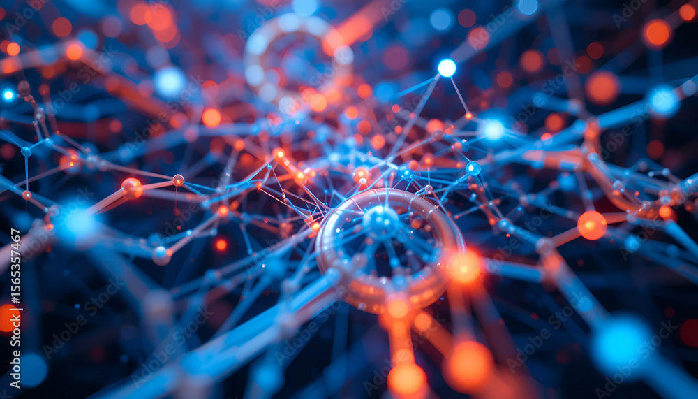 Poster interconnected network featuring blue and orange spheres and lines, creating a modern tech and scien