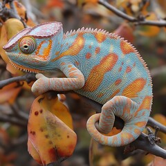 Vibrant chameleon perched on branch, displaying intricate orange and blue patterns