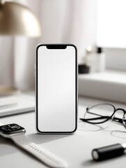 Smartphone with blank screen on white desk with glasses and lamp.