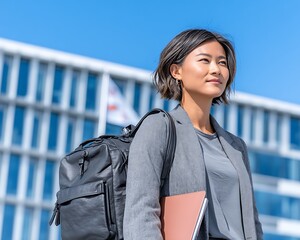 Woman with backpack, modern city