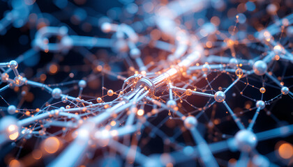 Glowing networks connect with nodes in a modern abstract rendering showing neural connections and digital data flow for science, technology, or medical applications.