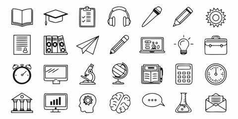 Complete Black Line Education Icon Set – 28 Essential Vector Icons for E-Learning, Web UI, and Print