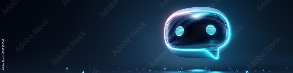 Poster a blue and white robot with a speech bubble on its head. the robot is floating in the air and he is 