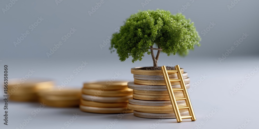 Poster a tree is growing on top of a stack of coins. the coins are arranged in a pyramid shape, with the bo