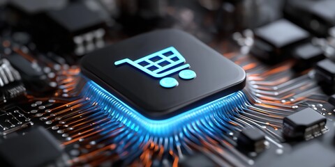 A computer chip with a shopping cart on it. The shopping cart is blue and the chip is black