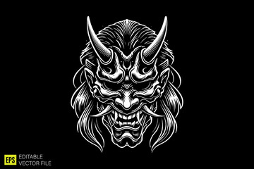 Fototapeta premium oni mask head illustration dark art scary creepy style tattoo vector black and white background templates