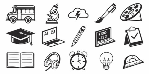Monotone Vector Icon Set – Education and School Tools for Apps, Dashboards, and Flyers