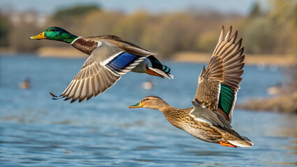 Two Mallard Ducks in Flight Over Calm Water; Vibrant Colors, Sunny Day, Wildlife Photography