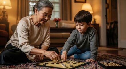 Grandmother and Grandson Playing Board Game