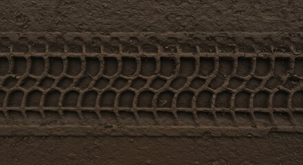 A closeup highangle view of a distinct tire track with a hexagonal pattern pressed into dark brown mud