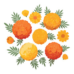 Sunny Orange Marigold Flowers with Leaves