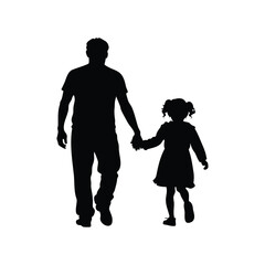 Father and daughter walking hand in hand silhouette on a white backdrop