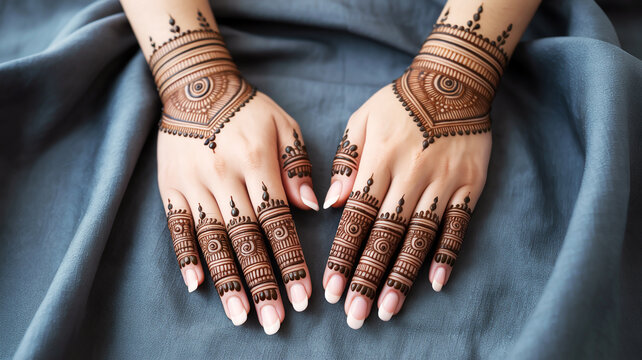 A close-up photograph of two hands with intricate brown henna mehndi designs