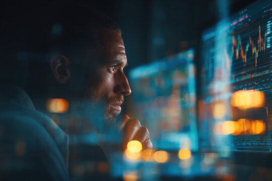 Man looking at multiple computer screens displaying data and graphs in dark room.