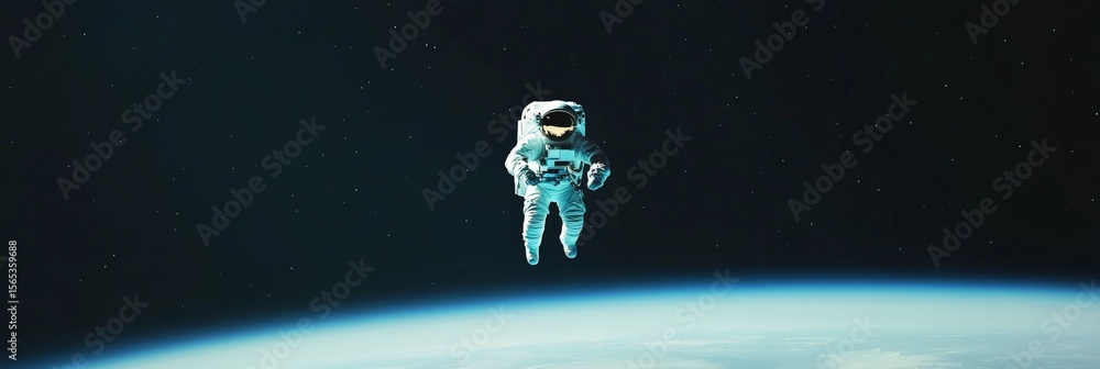 Poster astronaut performing extravehicular activity, floating in the vast expanse of space with the earth's
