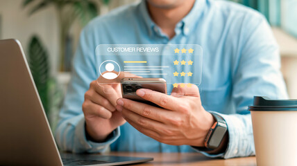 A close-up shows a person in a blue shirt holding a smartphone with a floating holographic customer review interface, gold stars visible