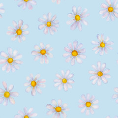 Watercolor chamomile flowers. Beautiful floral seamless pattern