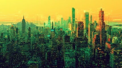 Colorful cityscape view of a metropolis at dawn.