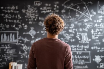 Person looks at blackboard covered with mathematical equations and diagrams in a room.