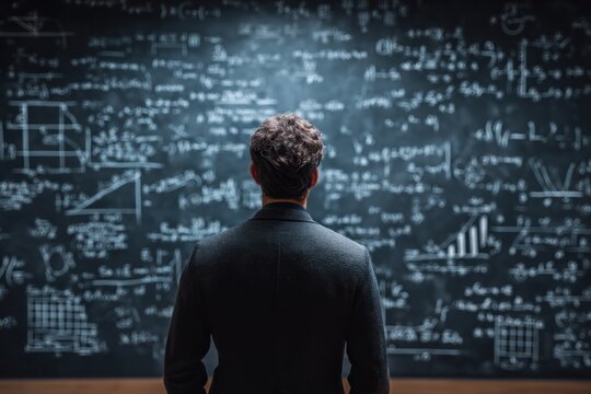 Man looks at chalkboard covered in complex mathematical equations and diagrams.