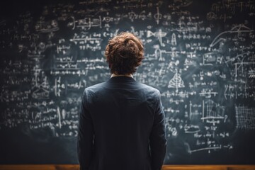 Person stands facing chalkboard covered in complex equations and mathematical notations.