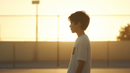 Young student waiting at school during the golden hour, possibly after school activities, conveying a sense of contemplation and the end of the school day