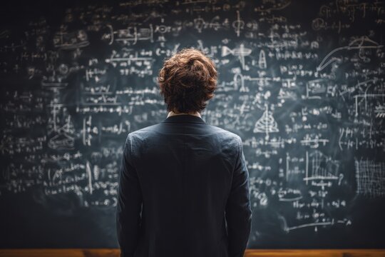 Person stands facing chalkboard covered in complex equations and mathematical notations.