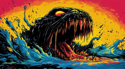 A monstrous creature emerges from the water.