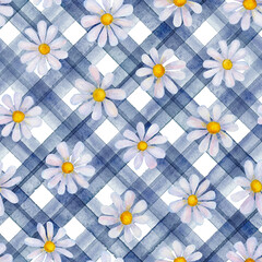 Watercolor chamomile flowers. Beautiful floral seamless pattern