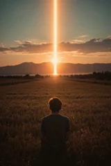 Poster Incredible Light Beam Phenomenon with Dramatic Sky and Lone Figure - Spiritual Nature Photography Atmospheric Art 