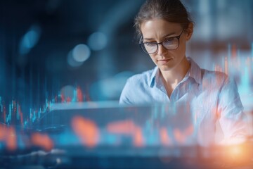 Woman wearing glasses works on a laptop with digital graphics overlay.