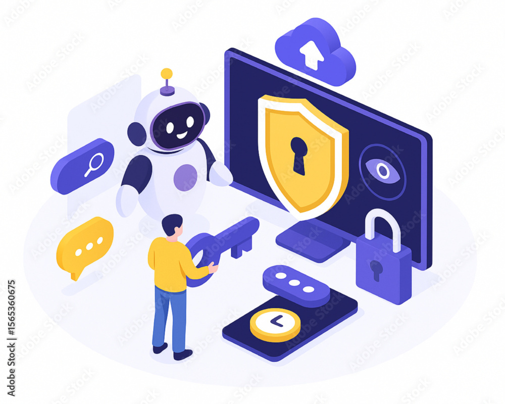 Poster isometric illustration displays network security with a robot, person and various icons representing