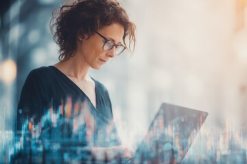 Woman with glasses uses laptop outdoors with overlaid chart or graph.