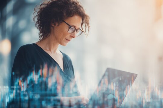 Woman with glasses uses laptop outdoors with overlaid chart or graph.