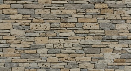 Fototapeta premium A textured wall composed of irregularly shaped lightcolored and gray natural stones forming a sturdy rustic surface