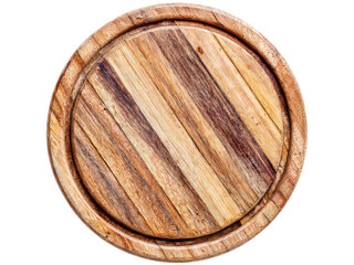 Rustic round wooden pizza cutting board isolated black background, Isolated On Transparent Background, Png