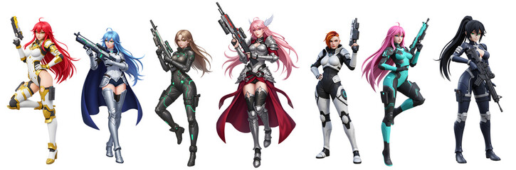 A set of diverse of strong girl hero designs features varied sci-fi and fantasy armor, showcasing a united group prepared for any challenge.