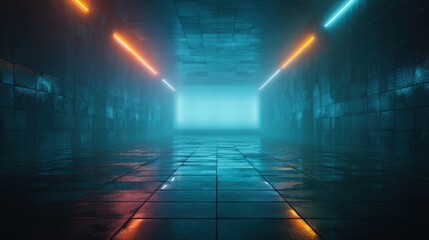 Corridor with blue and orange neon lights creating a futuristic tunnel effect.