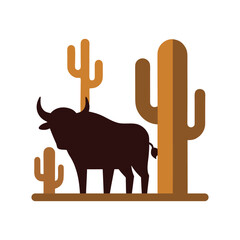 Buffalo Silhouette With Desert Cactus Scene