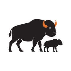 Buffalo And Calf Walking Together Illustration