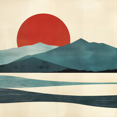 Minimalist mountain landscape with red sun and layered terrain