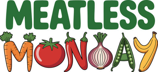 Meatless monday text with cartoon vegetables and banana forming letters on a white background image