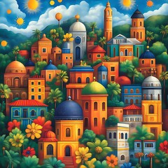 Vibrant cityscape with colorful buildings, lush vegetation, and bright sun