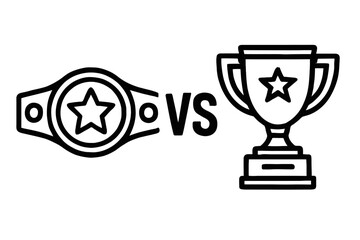 Black and White Outline Vector: Championship Belt vs. Trophy Icon - Symbolizing Competition, Victory, and Awards