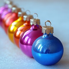 Vibrant colored glass ornaments in a row