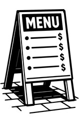Black and White Outline Vector Illustration of a Restaurant Menu Sandwich Board Sign with Prices - Ideal for Cafes and Eateries